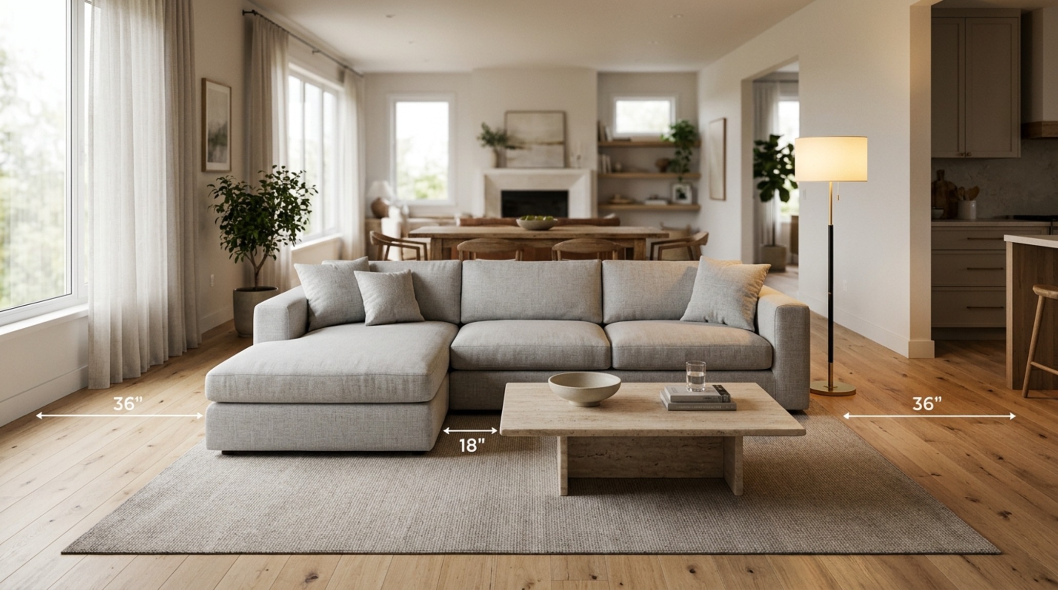 furniture placement for open floor plans showing a floating velvet sectional and a low-profile coffee table maintaining a 36-inch circulation path