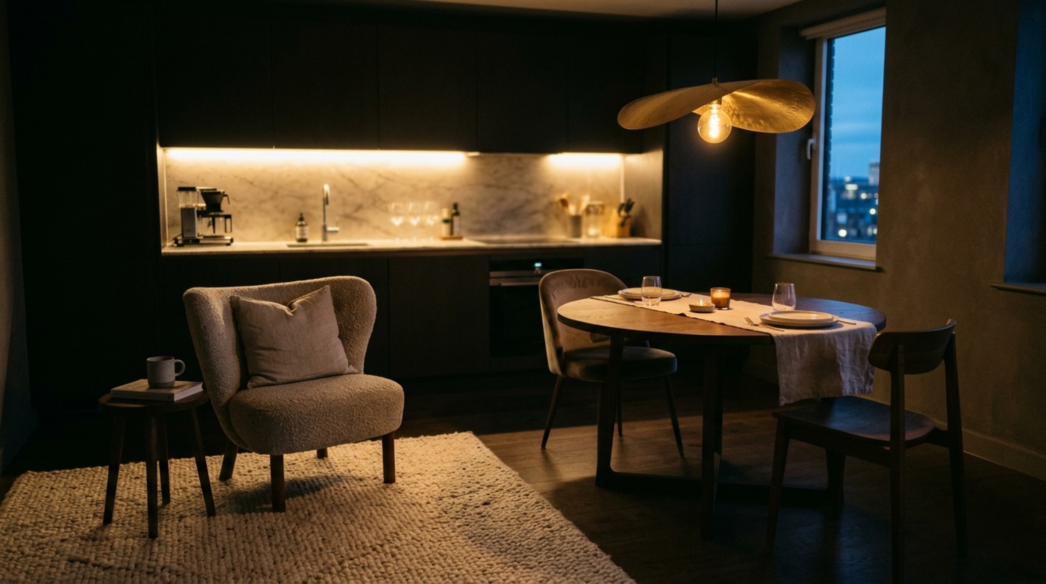 zoning with area rugs and lighting using a large-scale jute rug to anchor the dining area and architectural pendant lights for intimacy