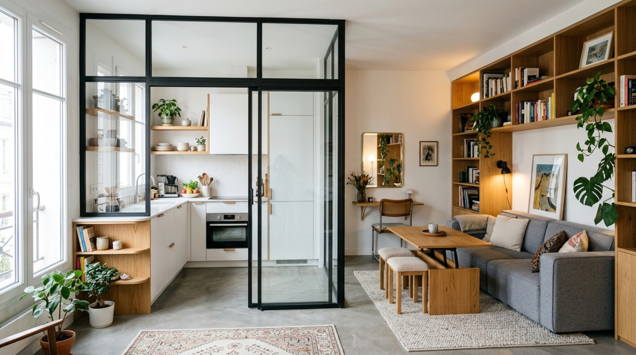 small open concept living solutions featuring a bespoke glass and steel partition to create a broken-plan home office within a living area