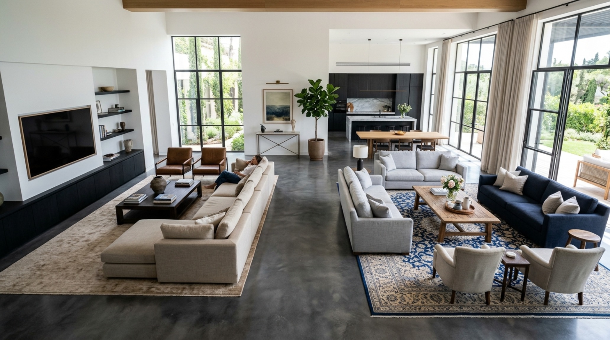 furniture placement for open floor plans highlighting the 30-inch clearance behind dining chairs and the use of negative space for flow