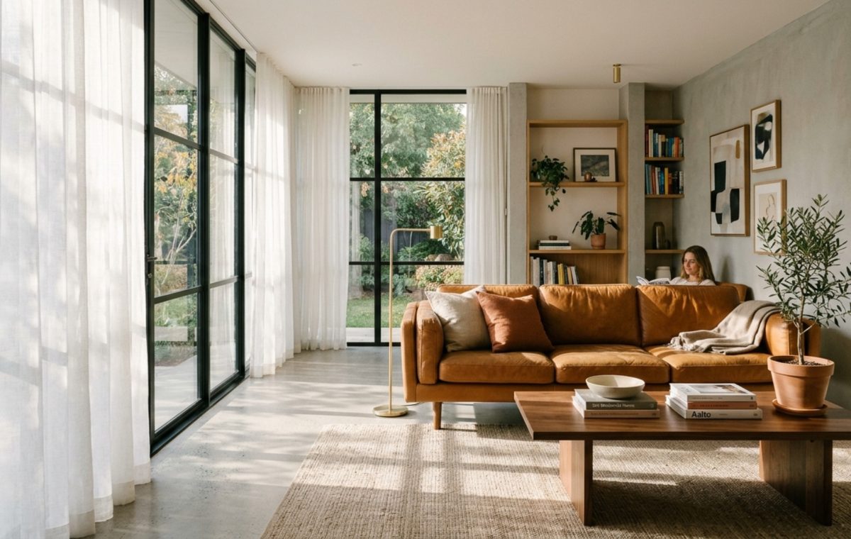 protecting leather from sunlight through the use of UV-filtered floor-to-ceiling windows and sheer linen drapes in a minimalist living room.