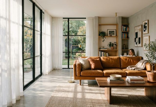 protecting leather from sunlight through the use of UV-filtered floor-to-ceiling windows and sheer linen drapes in a minimalist living room.