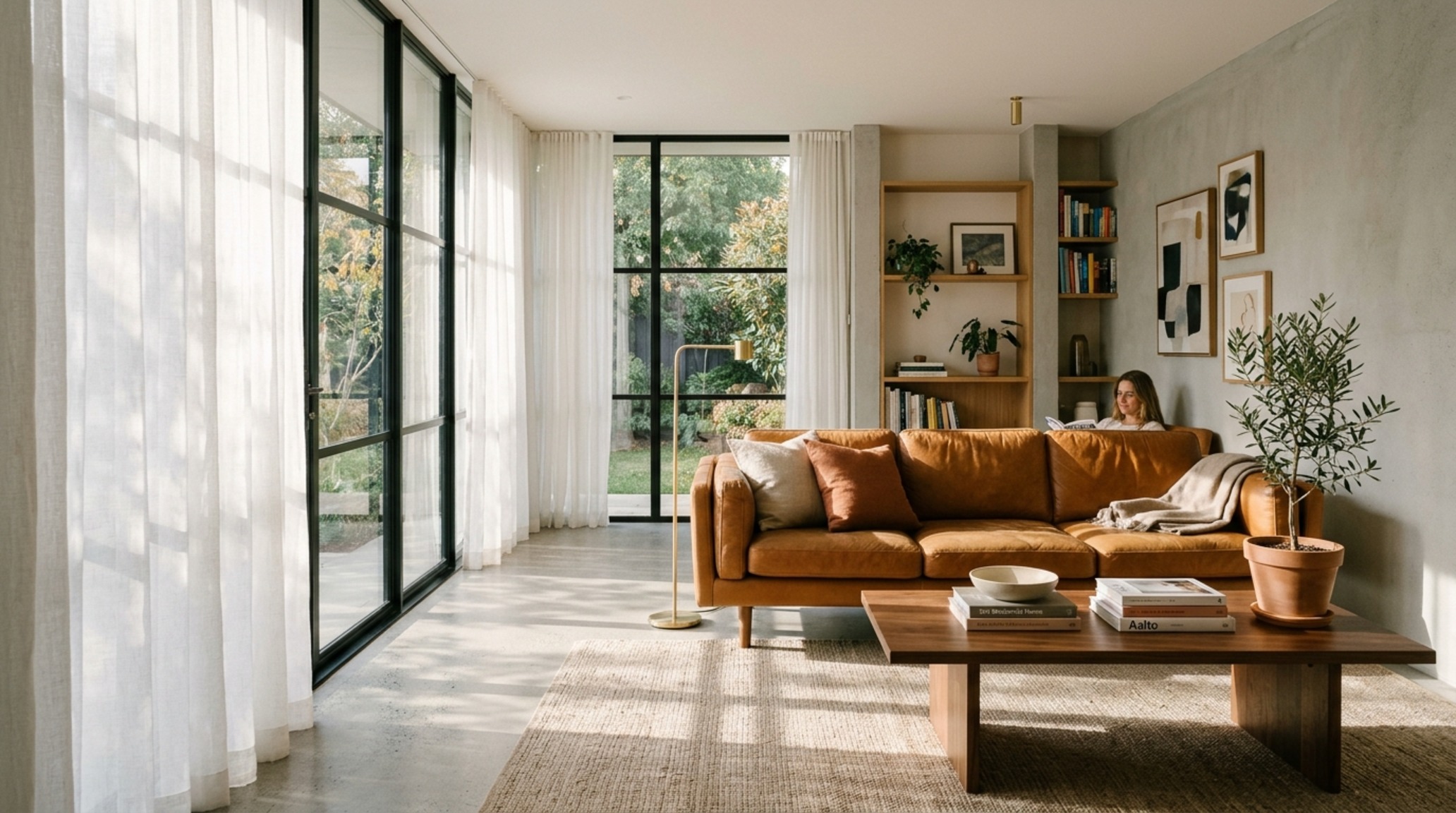 protecting leather from sunlight through the use of UV-filtered floor-to-ceiling windows and sheer linen drapes in a minimalist living room. protecting leather from sunlight through the use of UV-filtered floor-to-ceiling windows and sheer linen drapes in a minimalist living room.