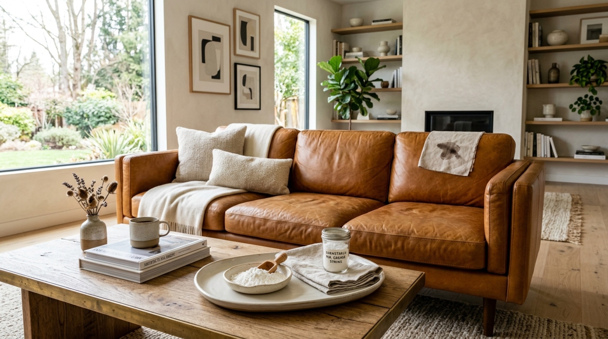 remove stains from leather couch using cornstarch to lift grease from a light-colored leather sofa in a modern open-plan home. remove stains from leather couch using cornstarch to lift grease from a light-colored leather sofa in a modern open-plan home.