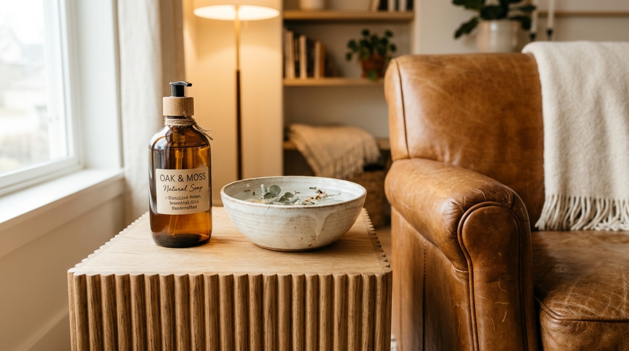 natural leather cleaning solutions such as distilled water and mild castile soap being applied to a vintage leather armchair with a soft sponge. natural leather cleaning solutions such as distilled water and mild castile soap being applied to a vintage leather armchair with a soft sponge.