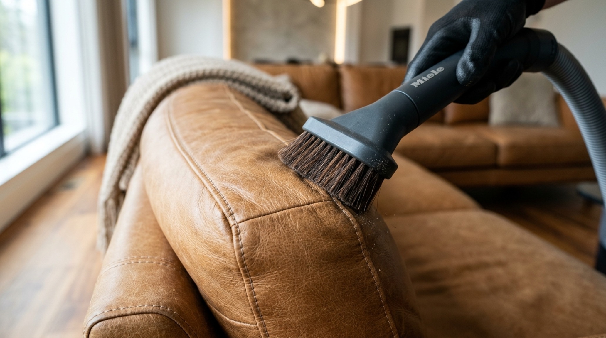 leather furniture maintenance tips showcasing a vacuum with a soft brush attachment cleaning the deep crevices of a tufted leather ottoman. leather furniture maintenance tips showcasing a vacuum with a soft brush attachment cleaning the deep crevices of a tufted leather ottoman.