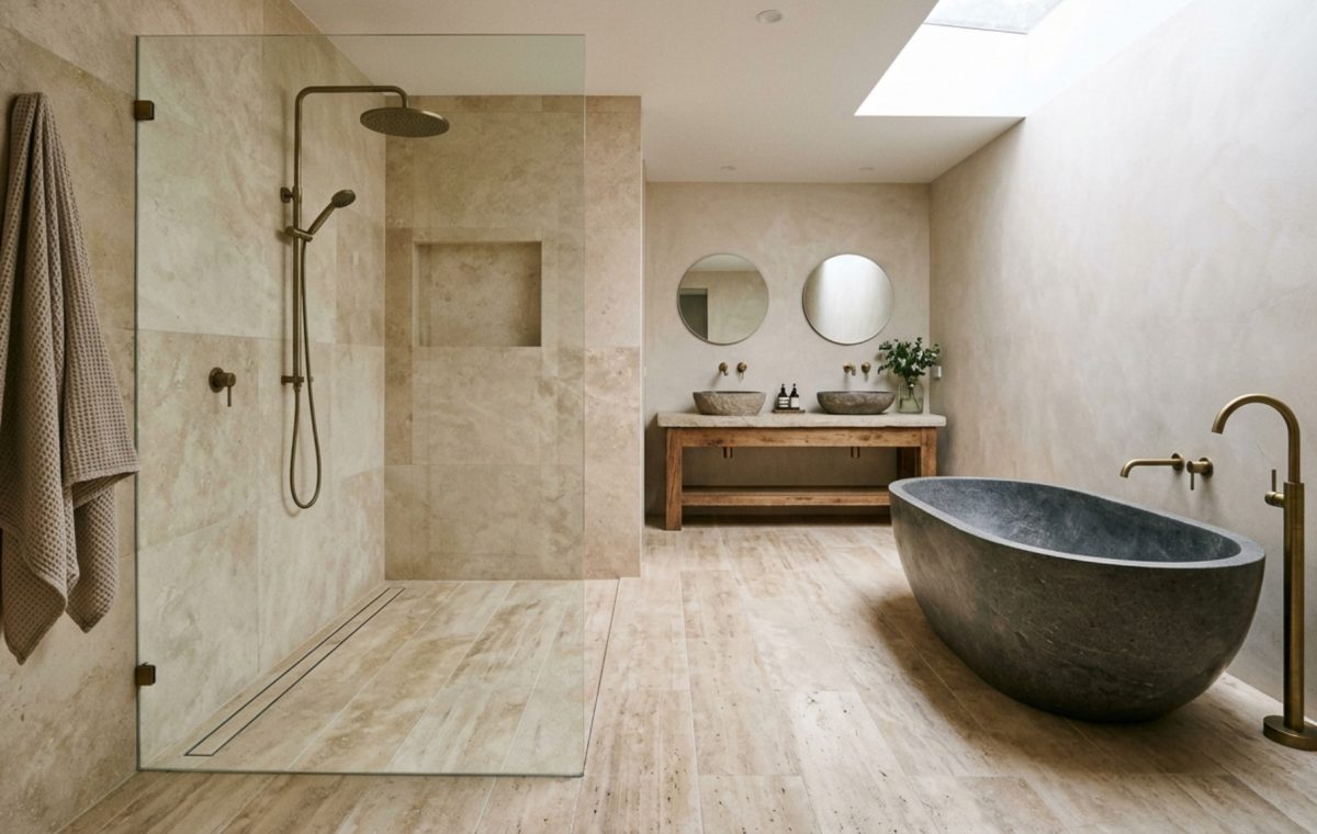 luxury wet room layouts featuring a seamless zero-entry shower floor with honed travertine planks and a freestanding resin bathtub under a skylight