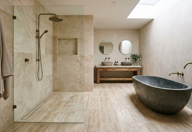 luxury wet room layouts featuring a seamless zero-entry shower floor with honed travertine planks and a freestanding resin bathtub under a skylight