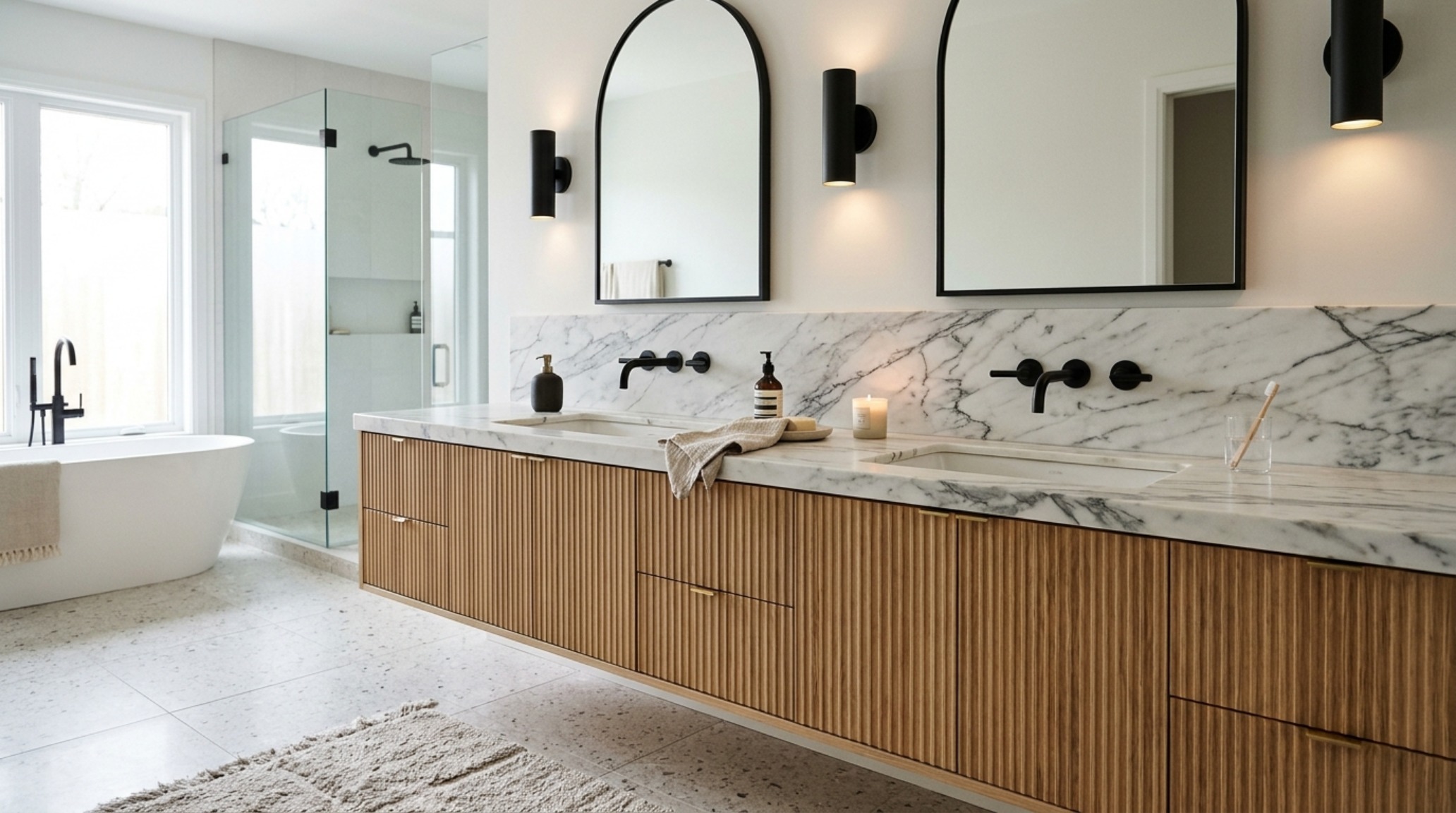 contemporary double vanity styles in fluted white oak with integrated stone sinks and wall-mounted matte black faucets against a marble slab backsplash
