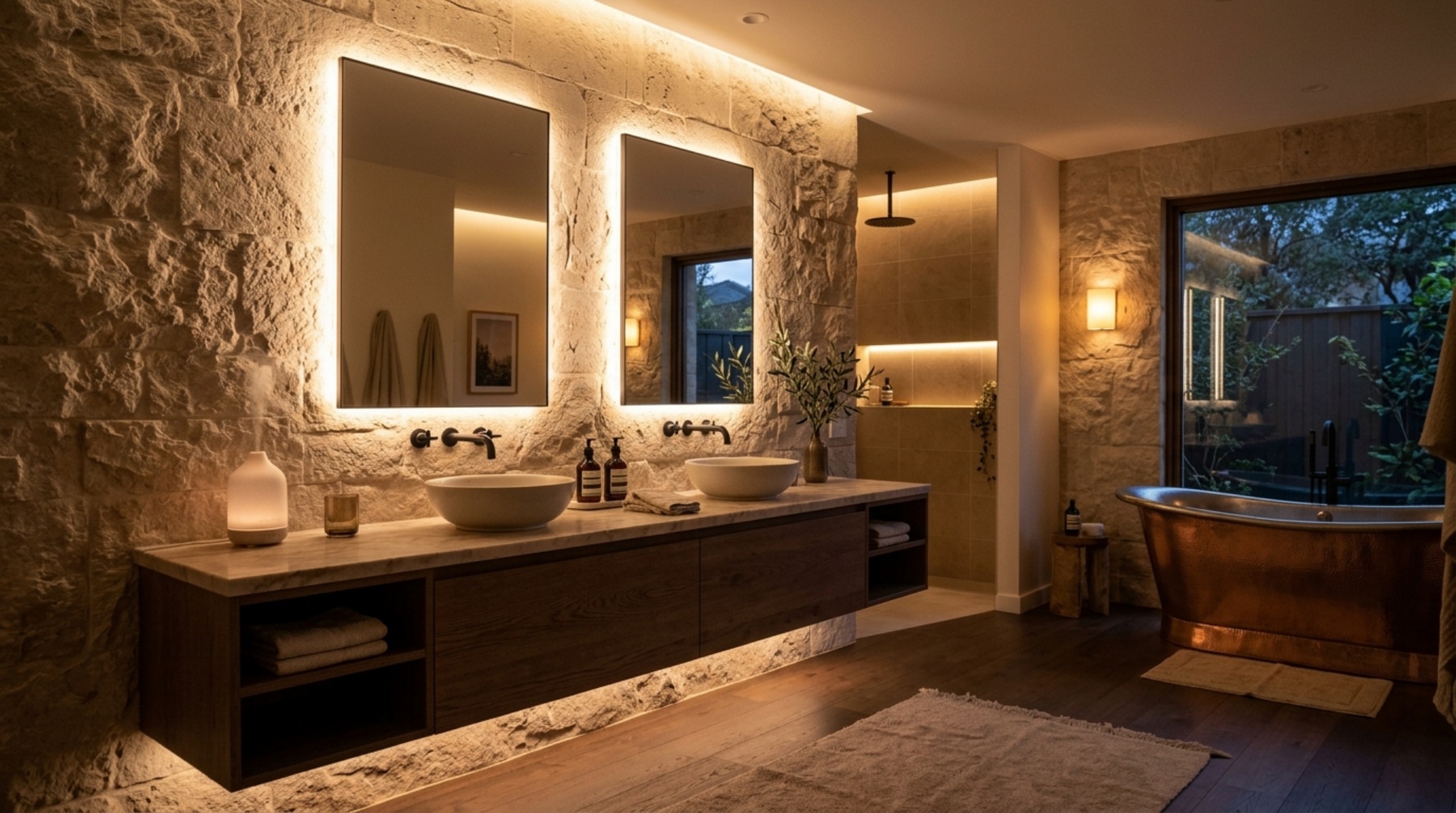 spa-inspired bathroom lighting utilizing recessed LED coves at 2700K and backlit arched mirrors to create a soft atmospheric glow