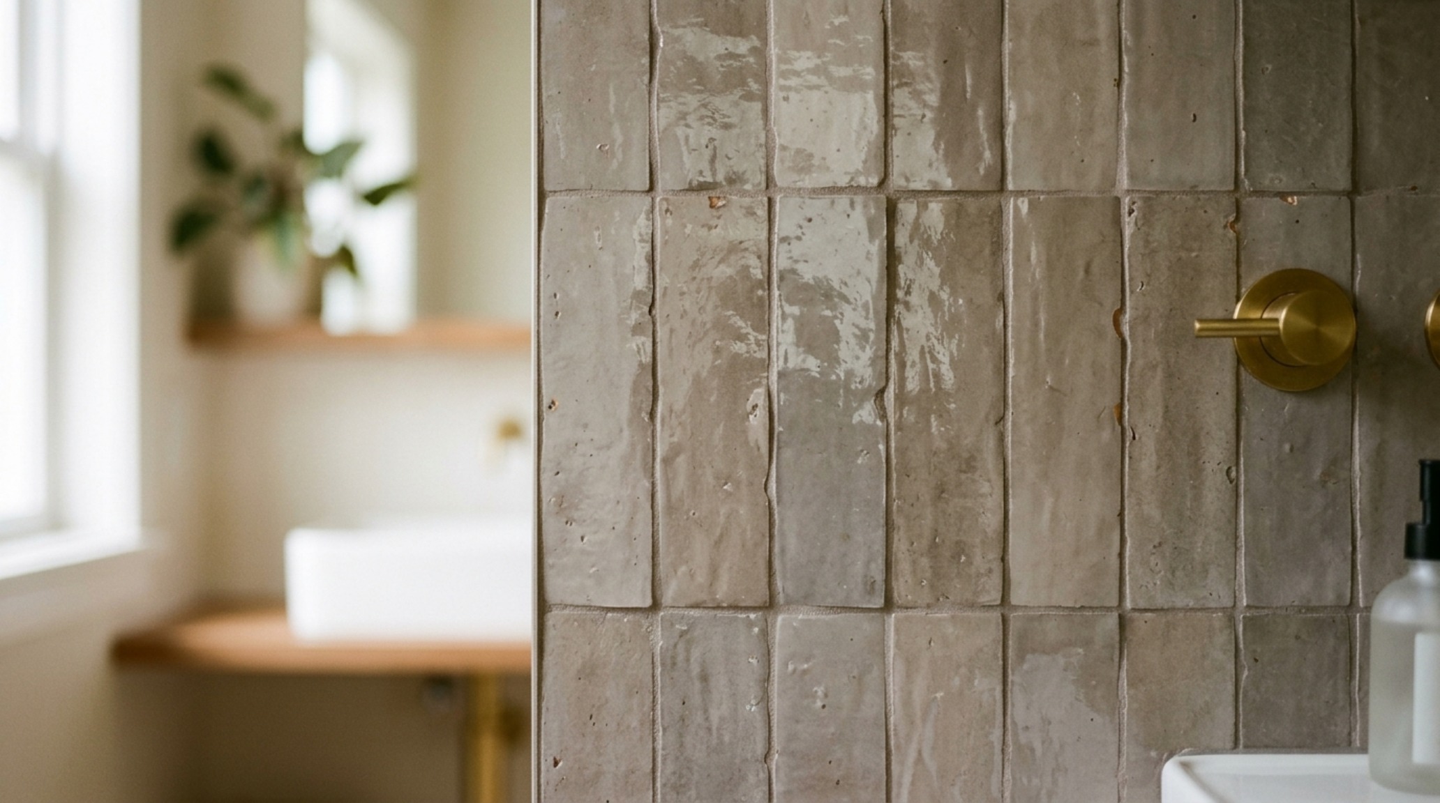 bathroom tile pattern trends showing a vertical stack-bond of zellige tiles in a soft mushroom grey with matching grout for a monolithic architectural look