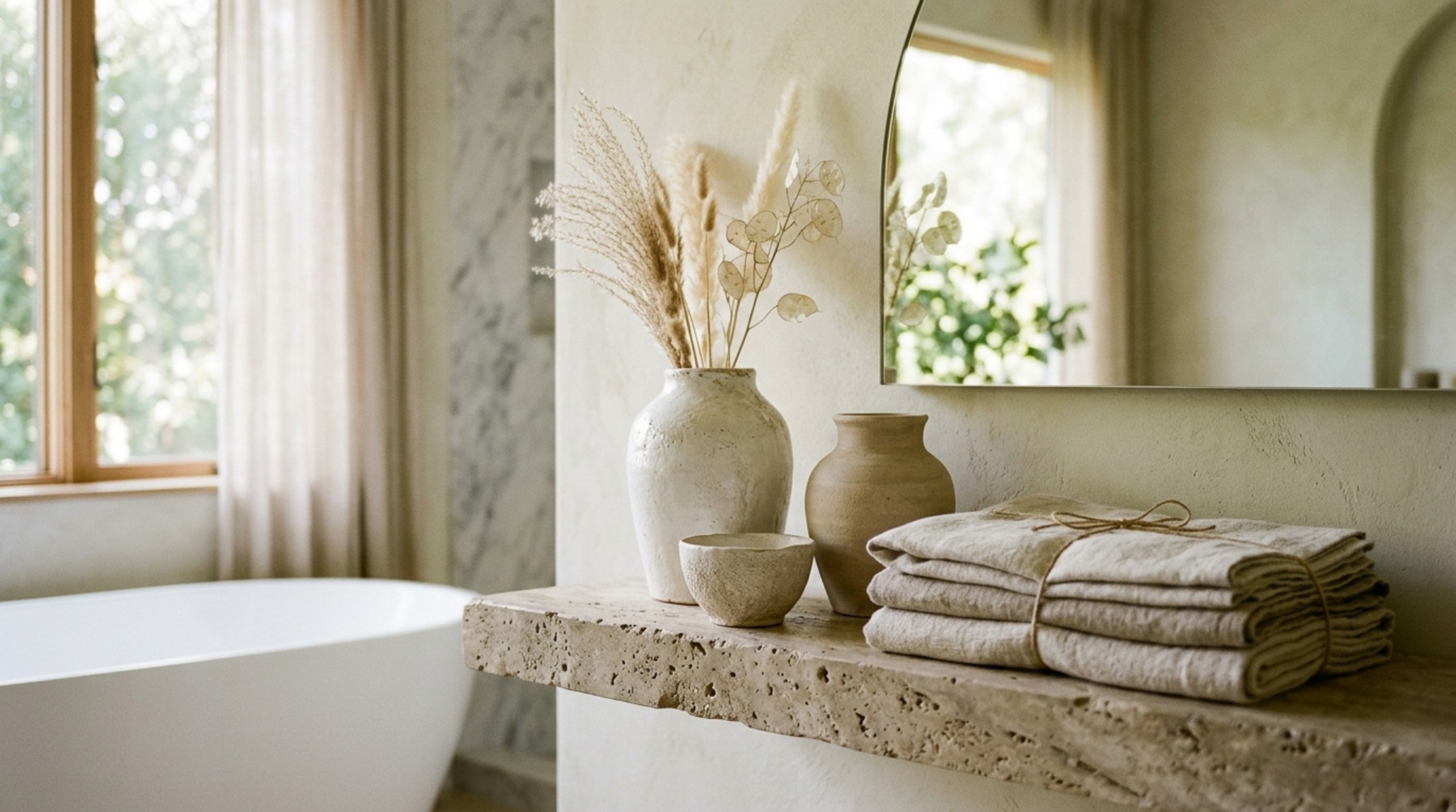 modern master bathroom decor featuring a curated vignette of organic ceramics and linen towels on a floating travertine shelf