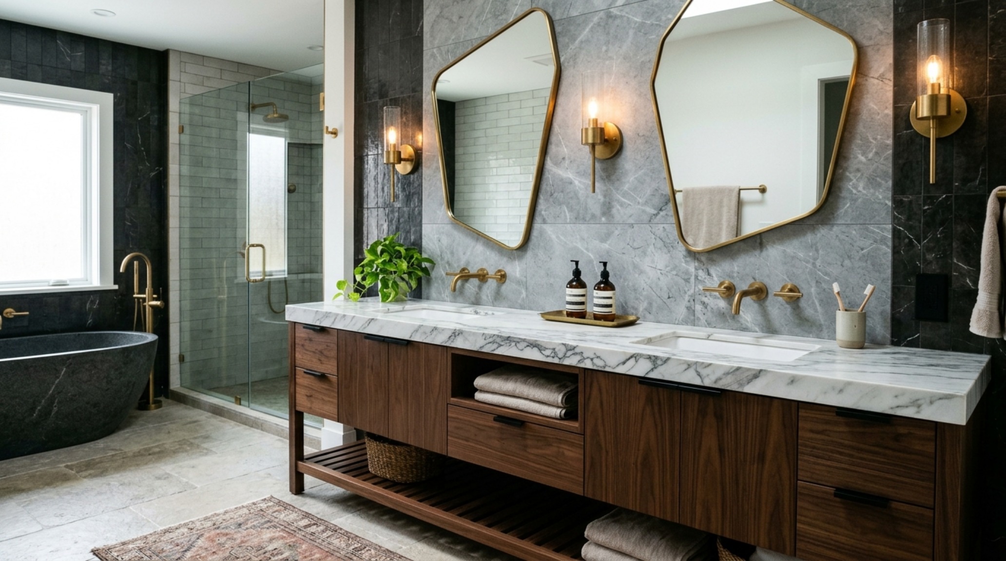 contemporary double vanity styles showcasing asymmetrical mirror placements and custom brass hardware on dark stained walnut cabinetry