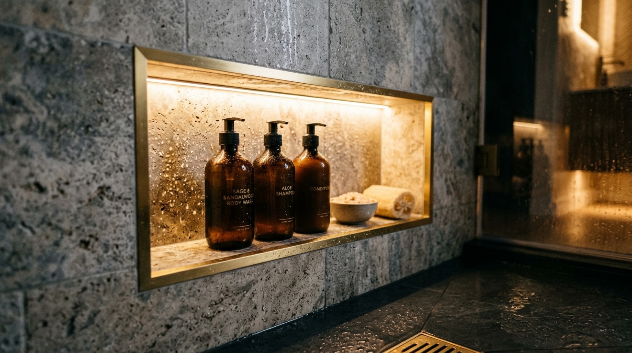 spa-inspired bathroom lighting with a low-voltage LED strip illuminating a floor-to-ceiling shower niche trimmed in brushed gold