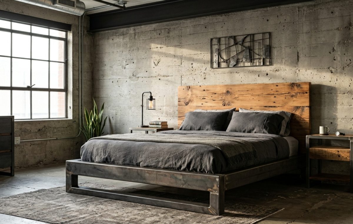 industrial masculine bedroom sets featuring a raw steel platform bed and reclaimed timber headboard against a concrete wall