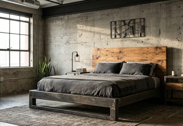 industrial masculine bedroom sets featuring a raw steel platform bed and reclaimed timber headboard against a concrete wall
