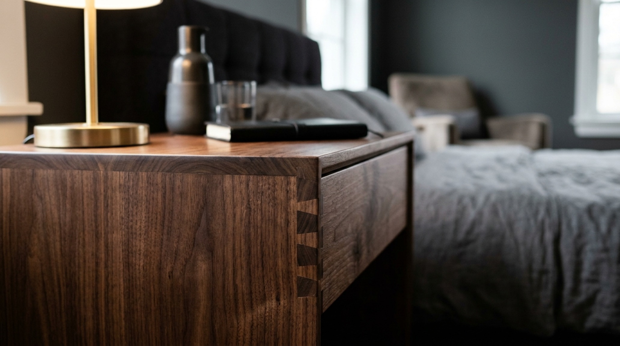 luxury minimalist bedroom furniture for men emphasizing clean geometric lines and premium materials like smoked eucalyptus and brass