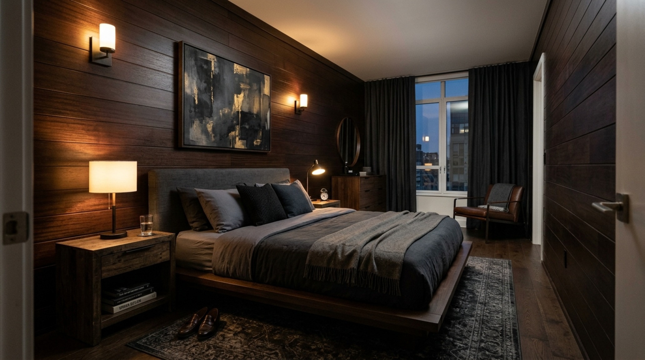 dark wood bachelor bedroom aesthetic with deep espresso mahogany cladding and recessed warm LED accent lighting