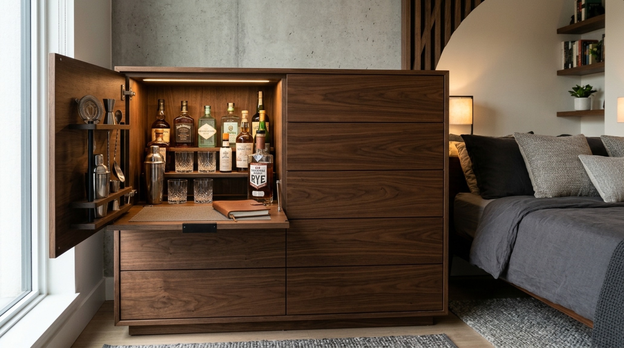 space-saving bedroom furniture for bachelors showing a sleek wall-mounted media console and concealed storage solutions