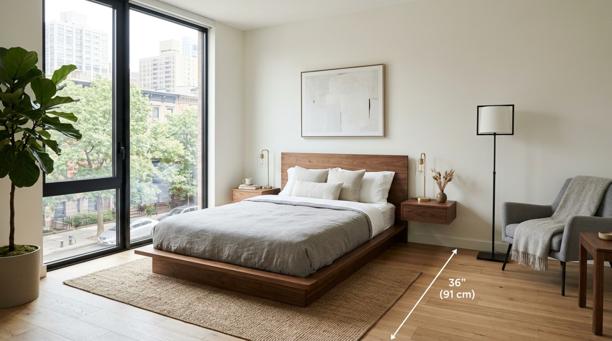 small apartment bachelor furniture layouts utilizing a low-profile walnut bed and floating nightstands to maximize floor space