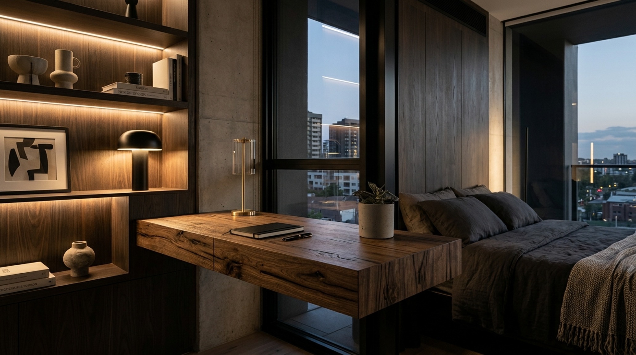 modern bachelor pad bedroom ideas showing a cantilevered oak desk integrated into a floor-to-ceiling shelving unit