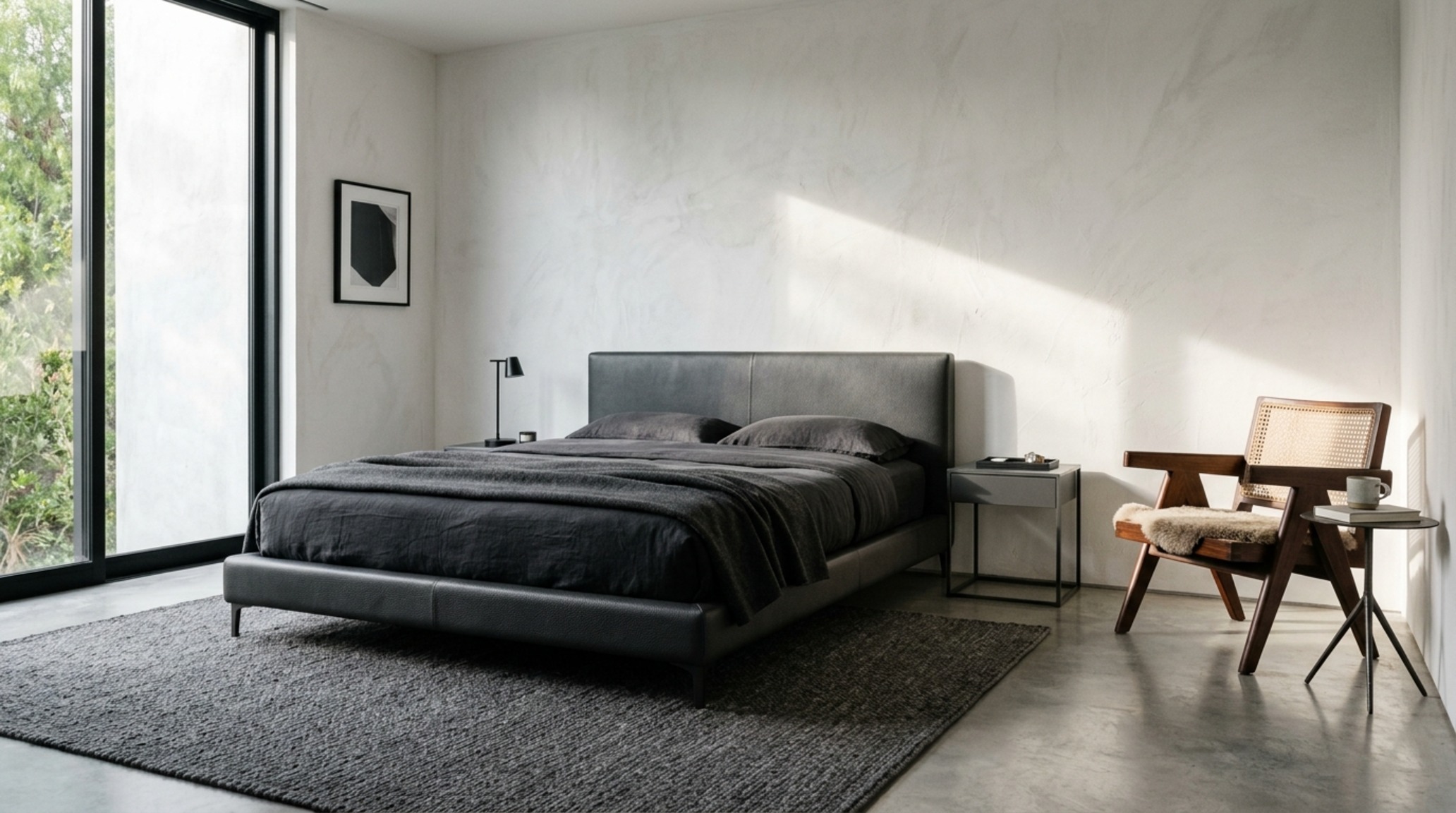 luxury minimalist bedroom furniture for men with a pebble-grain leather upholstered bed and sculptural designer lounge chair