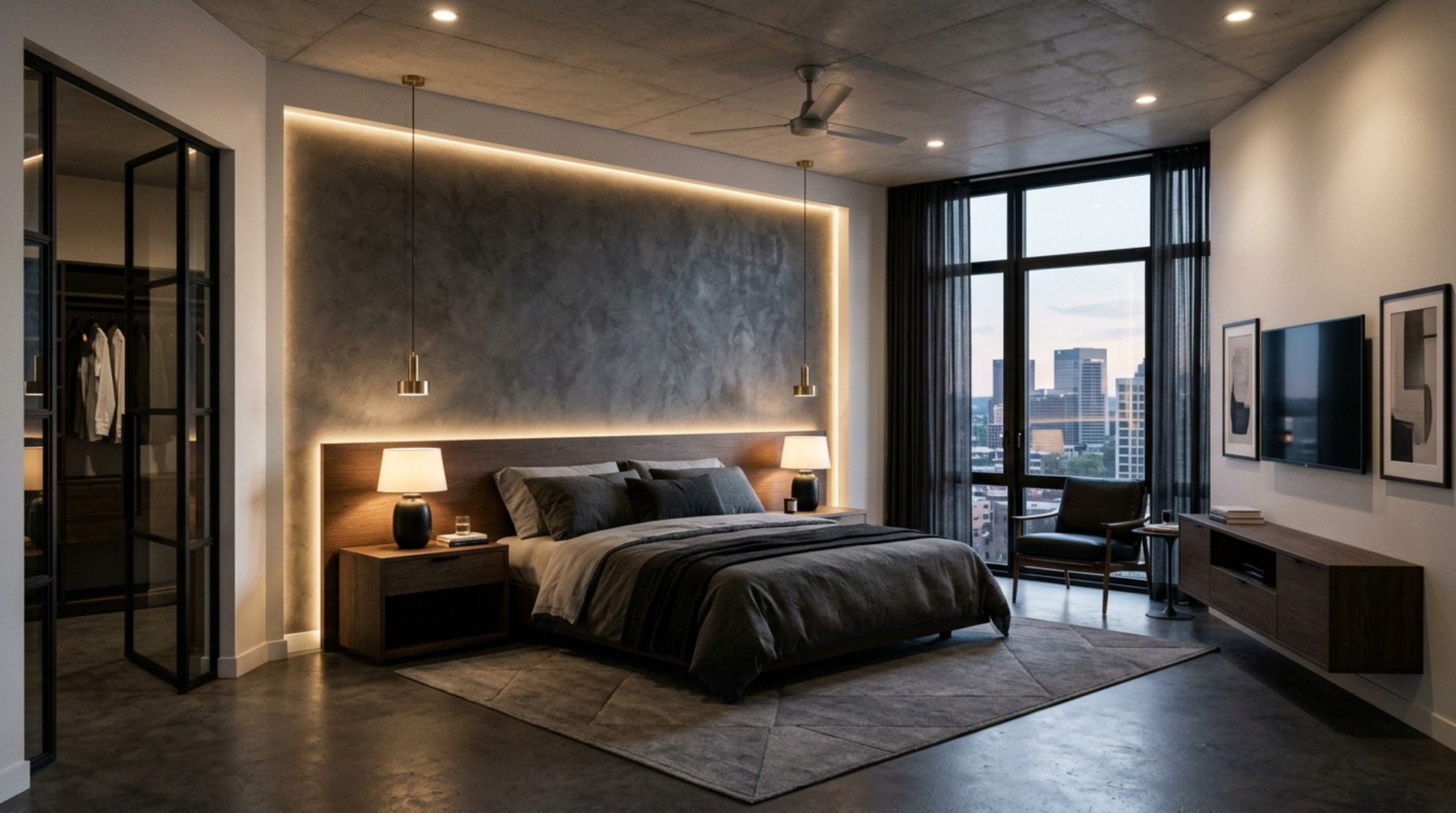 modern bachelor pad bedroom ideas showcasing a monochrome palette with high-contrast architectural lighting and charcoal textiles