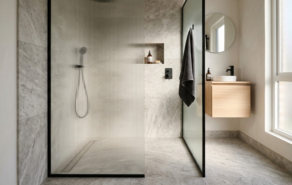Wet room conversions for tiny spaces featuring a seamless limestone floor, hidden linear drain, and a single fixed fluted glass panel for a curbless transition.