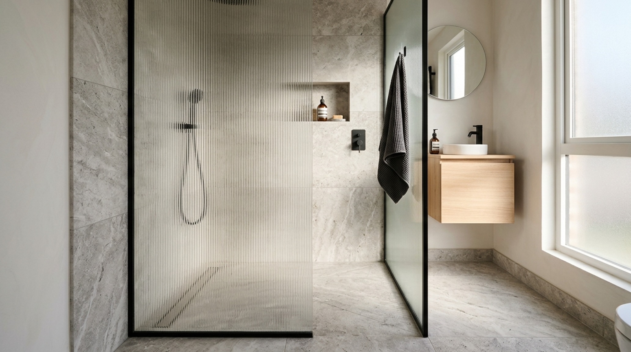 Wet room conversions for tiny spaces featuring a seamless limestone floor, hidden linear drain, and a single fixed fluted glass panel for a curbless transition. Wet room conversions for tiny spaces featuring a seamless limestone floor, hidden linear drain, and a single fixed fluted glass panel for a curbless transition.