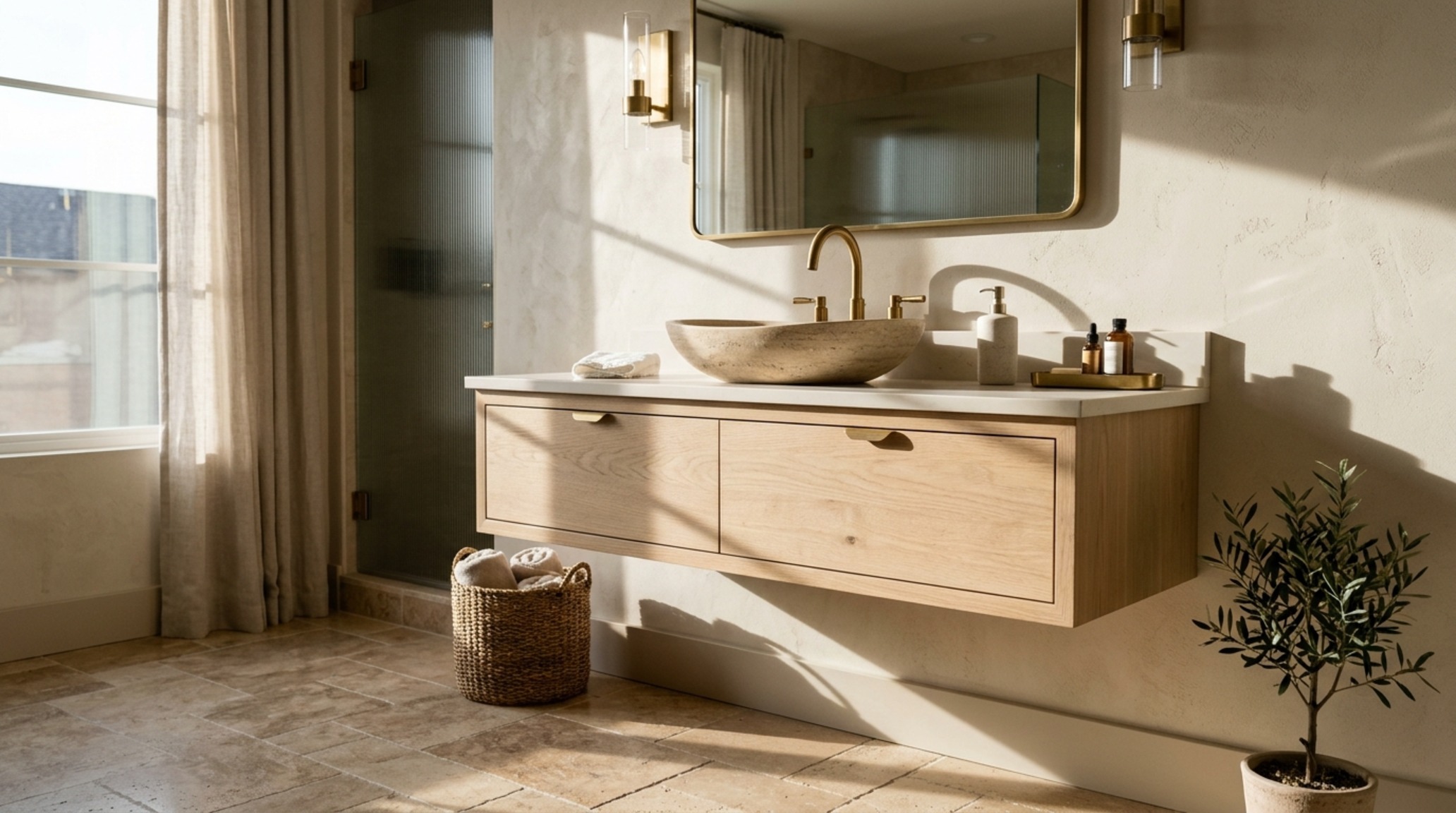 Floating vanity storage ideas showcased in a custom rift-sawn white oak unit with a honed travertine top and wall-mounted brass faucet over a clear floor plane. Floating vanity storage ideas showcased in a custom rift-sawn white oak unit with a honed travertine top and wall-mounted brass faucet over a clear floor plane.