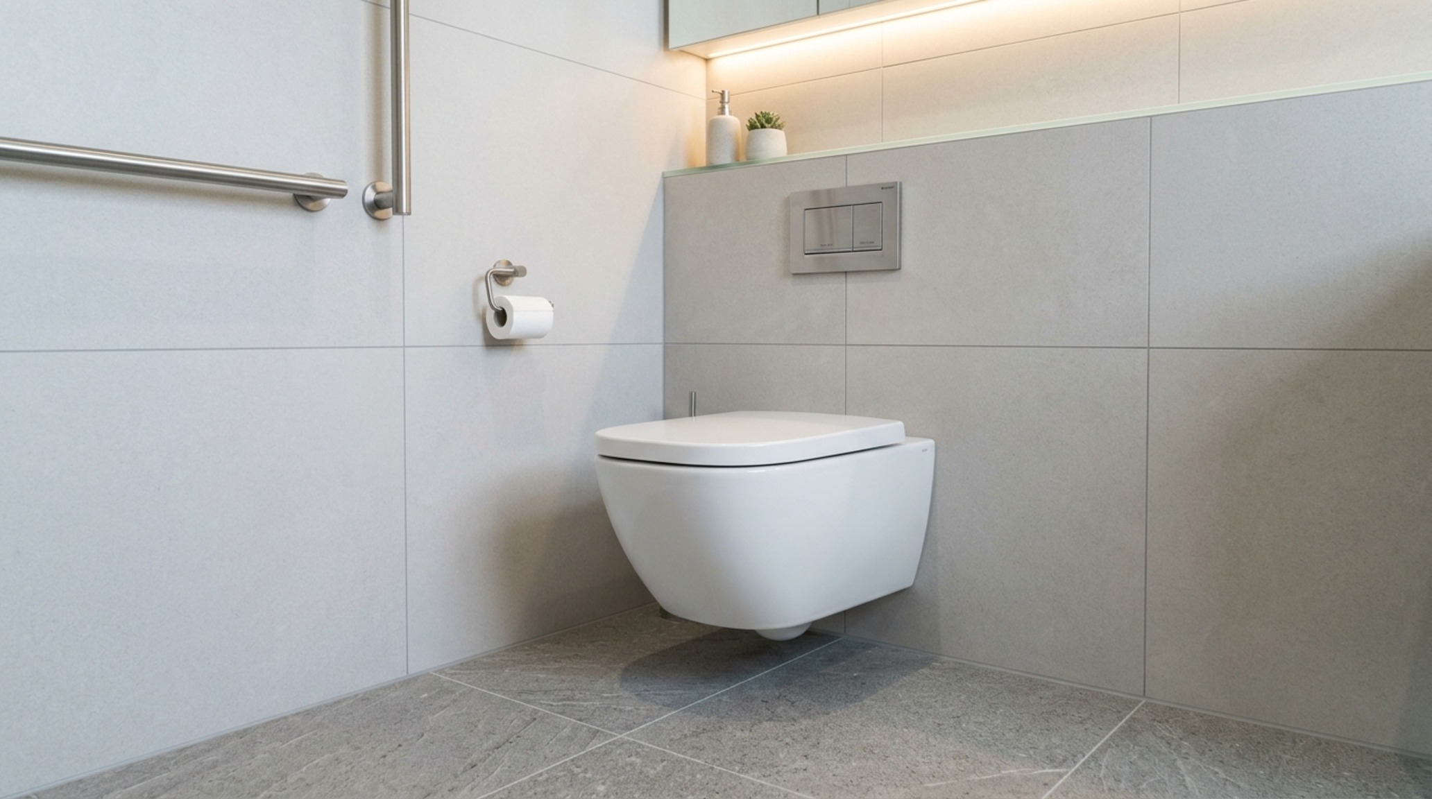 Wall-hung toilet clearance guide visual highlighting the 15-inch centerline and in-wall tank system to save 10 inches of floor space in a compact bathroom layout. Wall-hung toilet clearance guide visual highlighting the 15-inch centerline and in-wall tank system to save 10 inches of floor space in a compact bathroom layout.