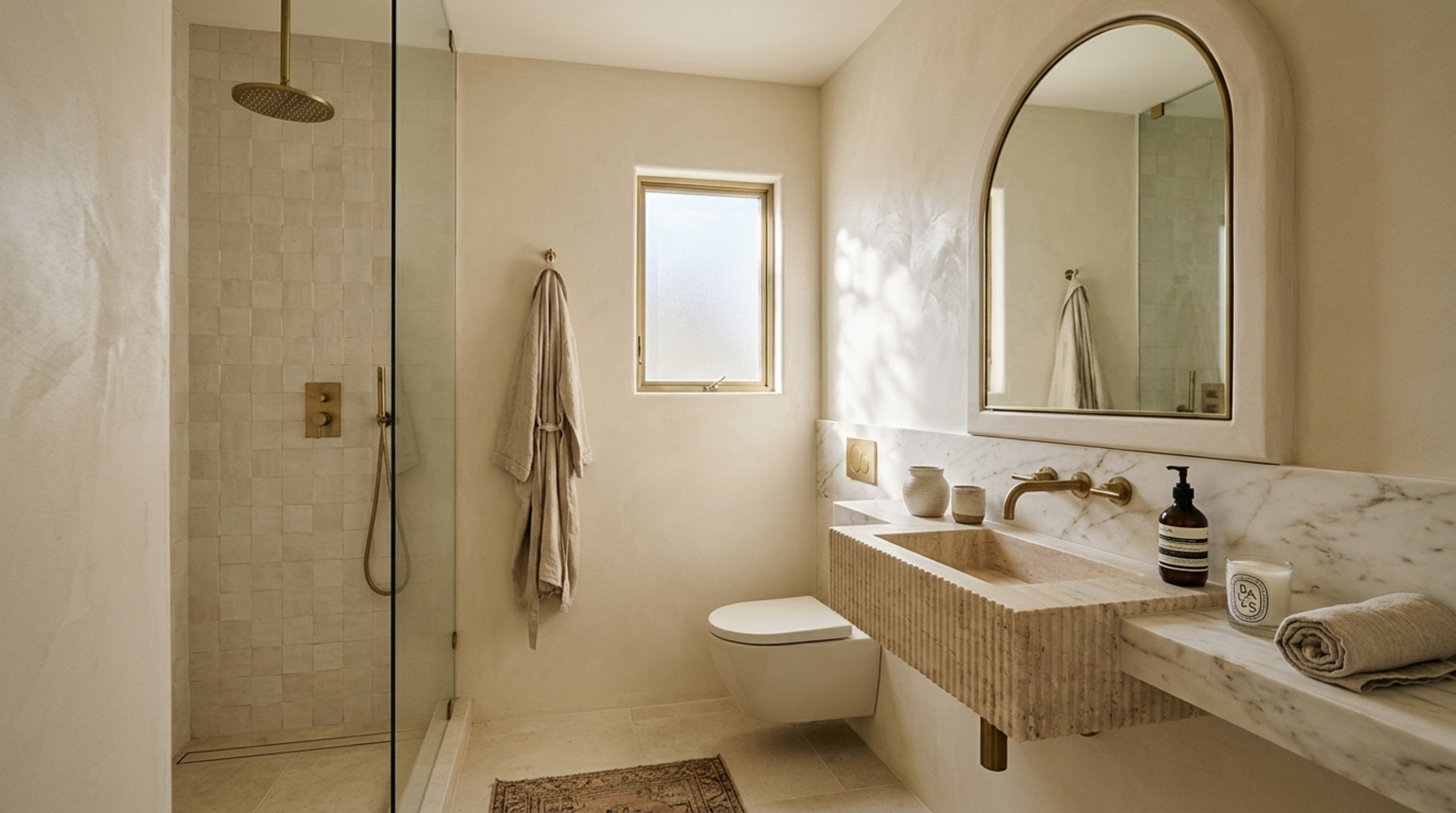 Luxury small bathroom design featuring a monochromatic palette of Farrow and Ball Setting Plaster walls and matching matte stone surfaces for visual continuity. Luxury small bathroom design featuring a monochromatic palette of Farrow and Ball Setting Plaster walls and matching matte stone surfaces for visual continuity.