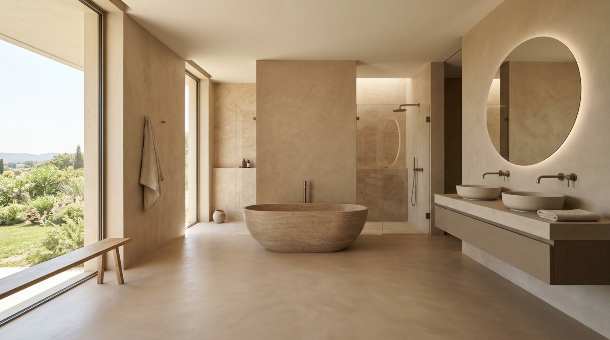 Monochromatic bathroom color palettes using Benjamin Moore Swiss Coffee with tonal variations in marble and linen textures to expand the perceived room size. Monochromatic bathroom color palettes using Benjamin Moore Swiss Coffee with tonal variations in marble and linen textures to expand the perceived room size.