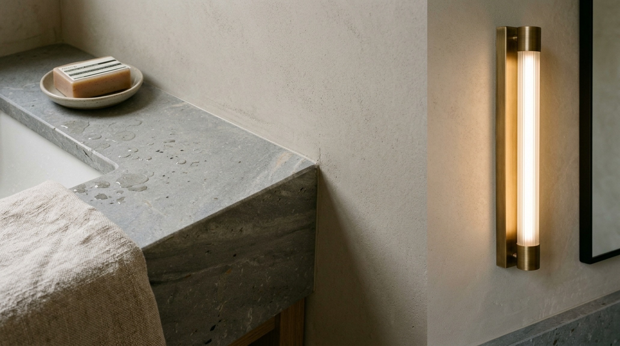 Luxury small bathroom design detail of a mitered-edge stone countertop and a high CRI 3000K task lighting sconce for high-precision grooming. Luxury small bathroom design detail of a mitered-edge stone countertop and a high CRI 3000K task lighting sconce for high-precision grooming.