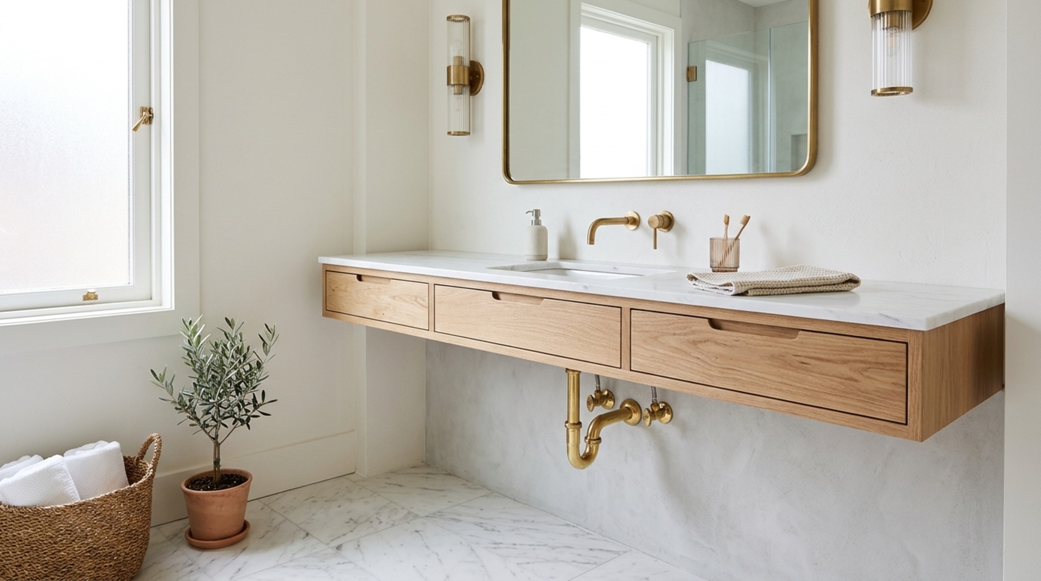 Floating vanity storage ideas incorporating a shallow-depth wall-hung cabinet and a concealed bottle trap to maintain architectural weightlessness. Floating vanity storage ideas incorporating a shallow-depth wall-hung cabinet and a concealed bottle trap to maintain architectural weightlessness.