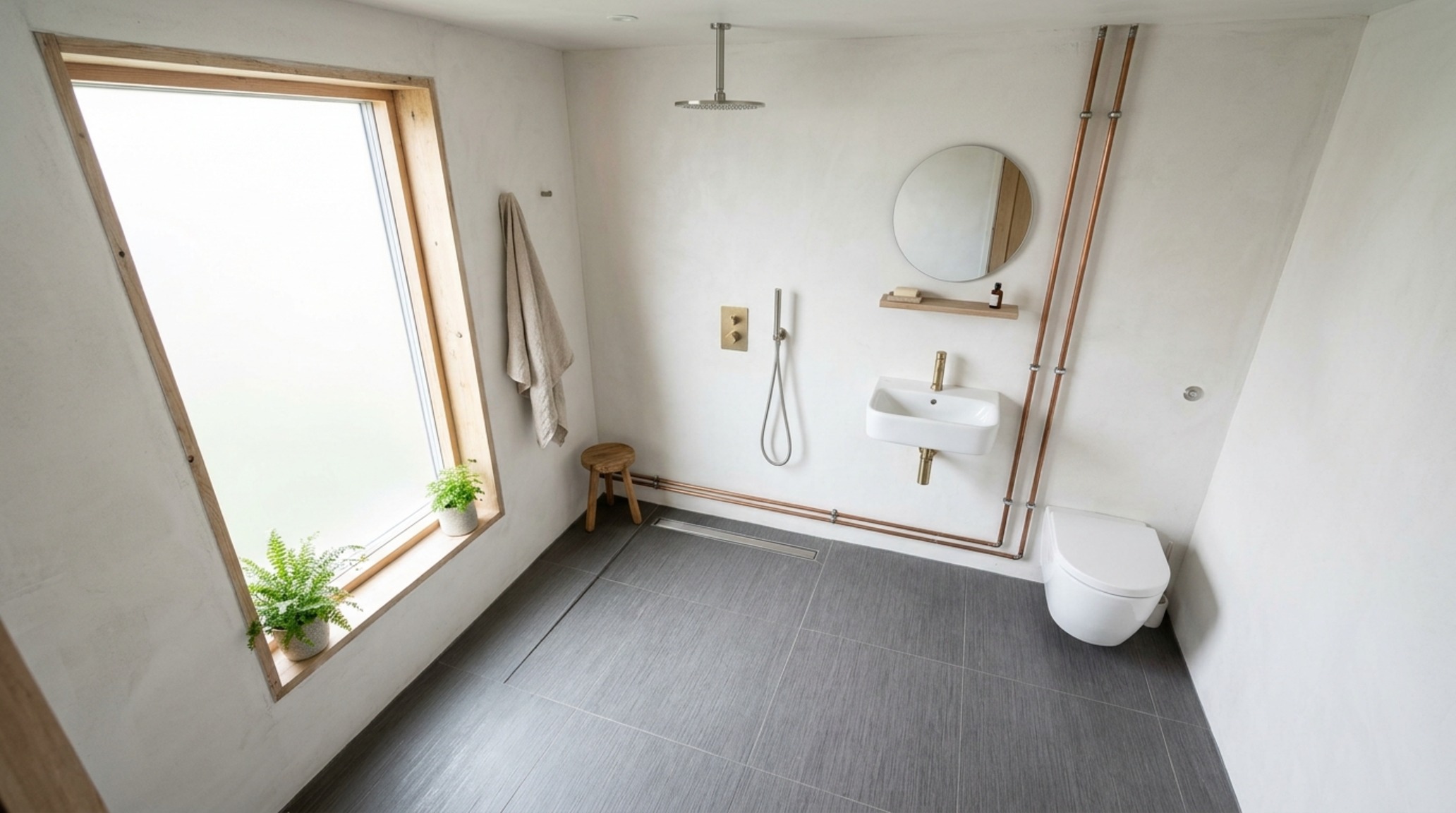 Wet room conversions for tiny spaces illustrating a single-wall plumbing alignment that creates a clear 36-inch path of travel in a 5x8 guest bath. Wet room conversions for tiny spaces illustrating a single-wall plumbing alignment that creates a clear 36-inch path of travel in a 5x8 guest bath.
