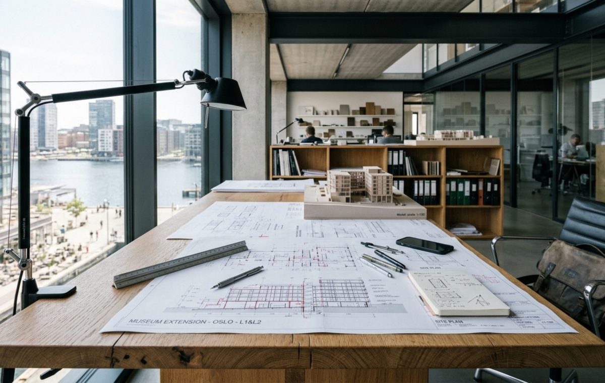 large format work surface in a minimalist studio featuring a professional architect desk with wide-set blueprints and parallel bar