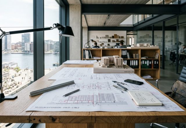 large format work surface in a minimalist studio featuring a professional architect desk with wide-set blueprints and parallel bar