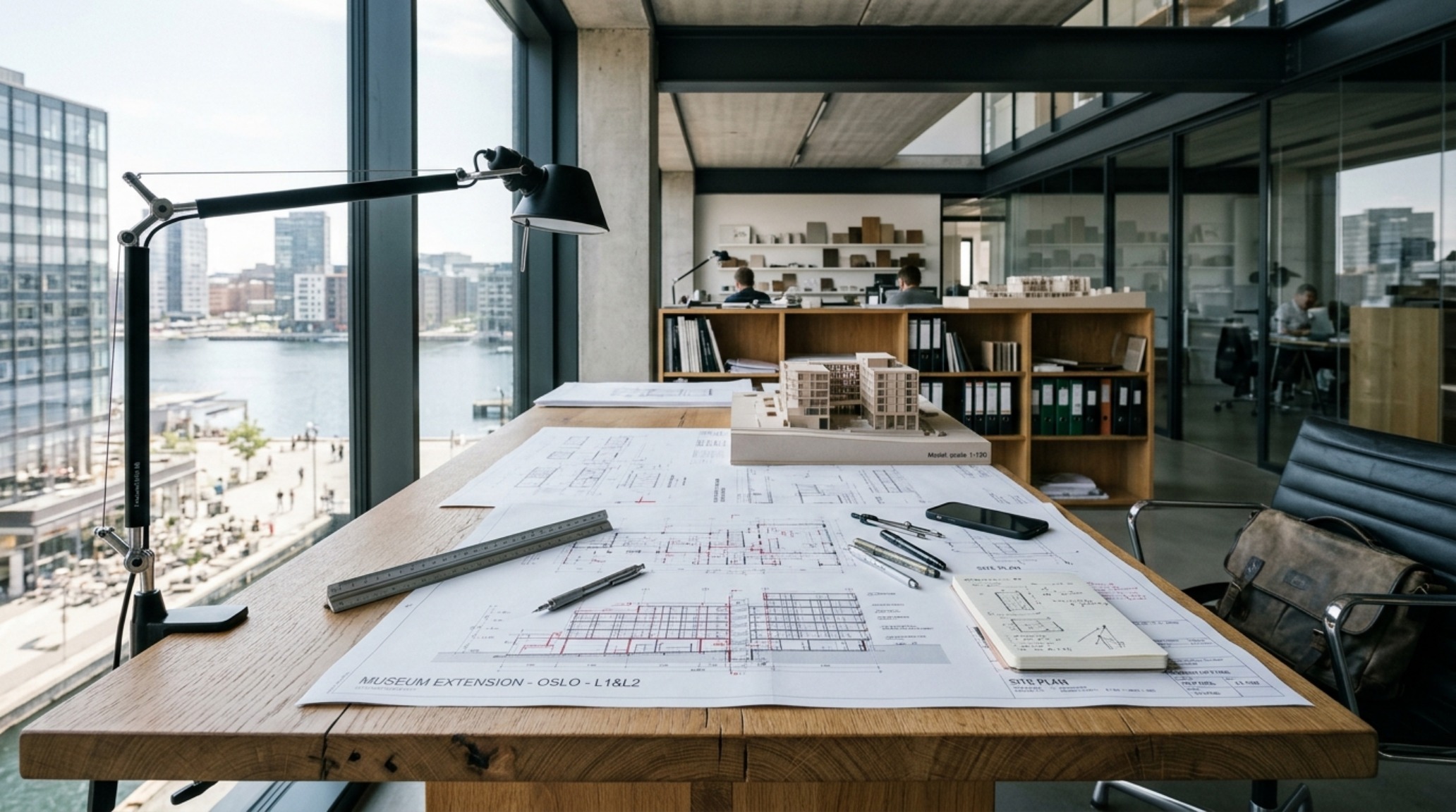 large format work surface in a minimalist studio featuring a professional architect desk with wide-set blueprints and parallel bar large format work surface in a minimalist studio featuring a professional architect desk with wide-set blueprints and parallel bar