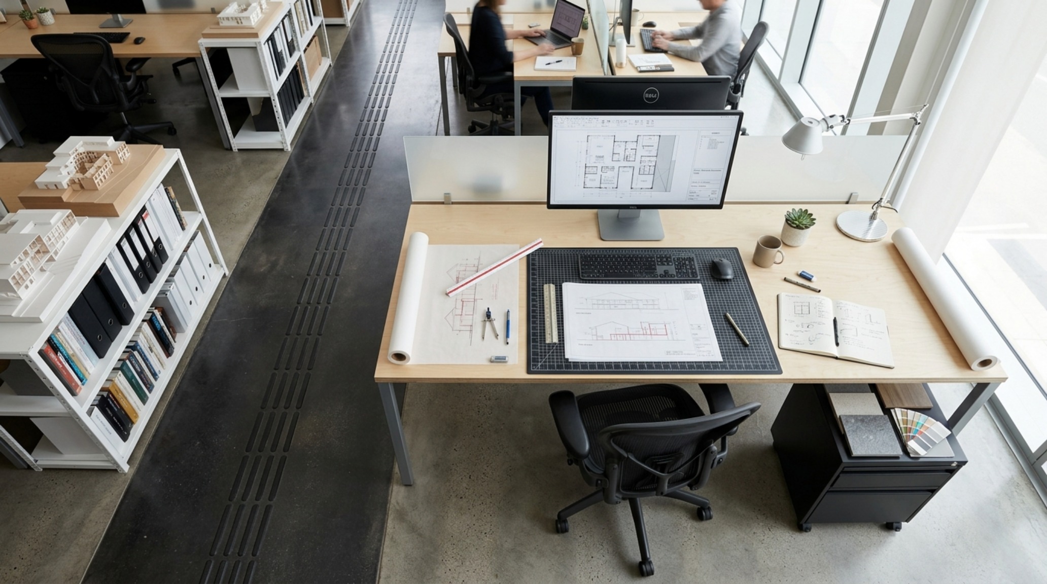 modern architectural workstation layout emphasizing the work triangle between the drafting desk, reference shelves, and digital interface modern architectural workstation layout emphasizing the work triangle between the drafting desk, reference shelves, and digital interface
