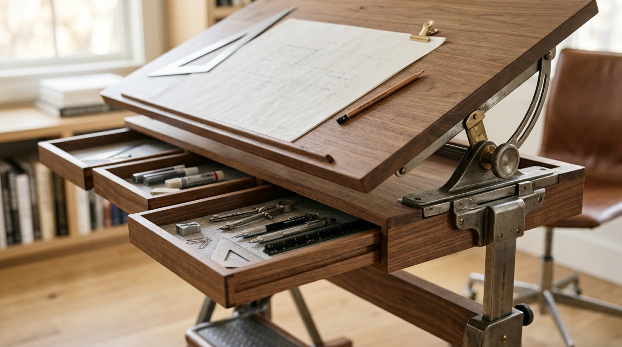adjustable drafting table with storage showing a tilted work surface with specialized drawers for architectural scales and lead holders adjustable drafting table with storage showing a tilted work surface with specialized drawers for architectural scales and lead holders