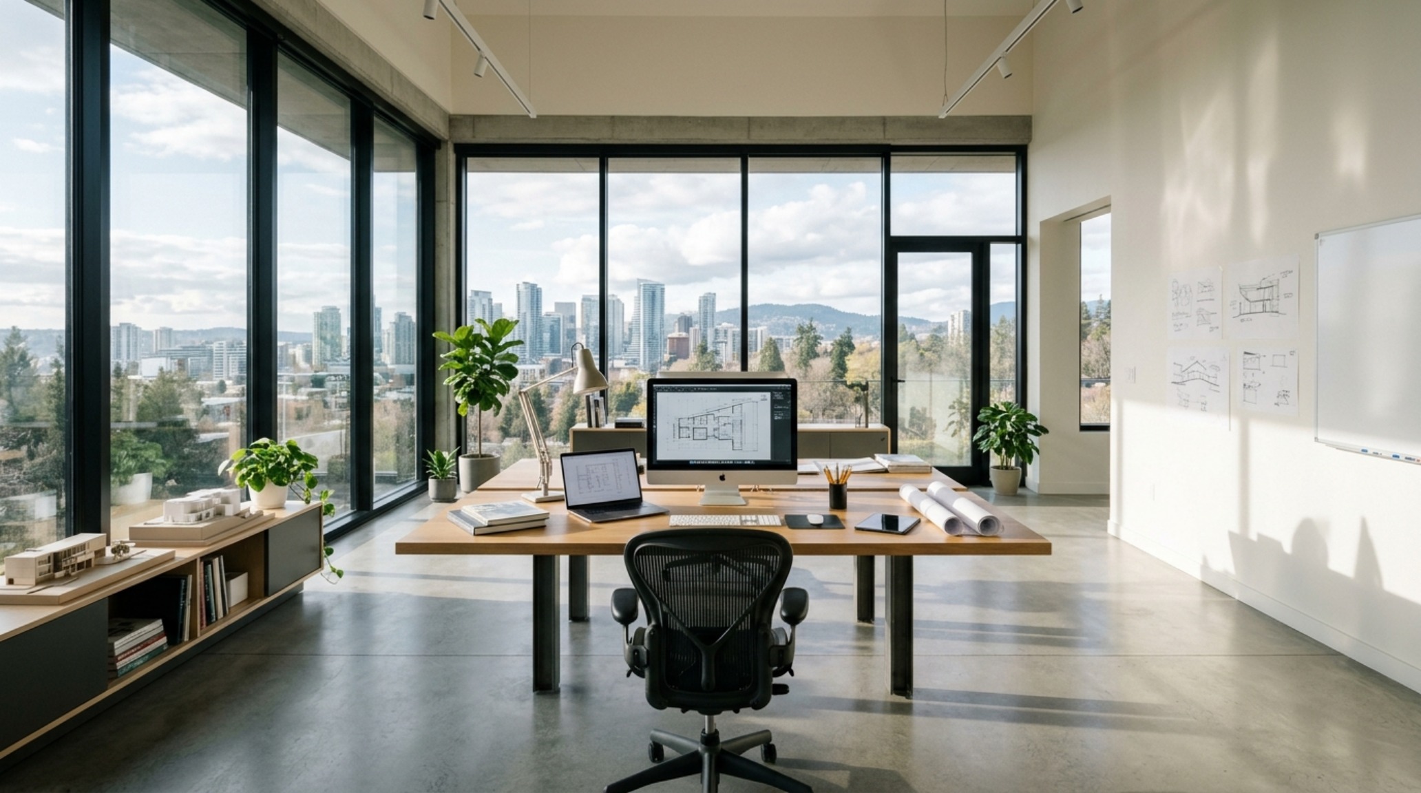 modern architectural workstation layout with floating architect desks centered in a room with 36-inch walkway clearances and floor-to-ceiling windows modern architectural workstation layout with floating architect desks centered in a room with 36-inch walkway clearances and floor-to-ceiling windows