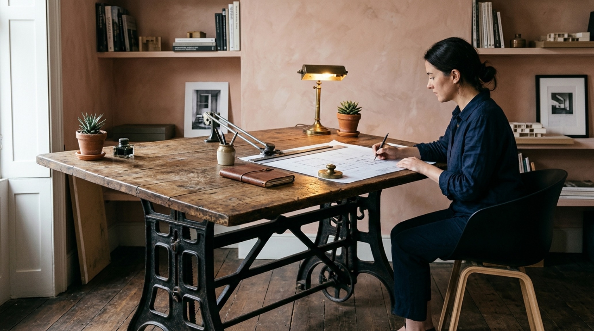 vintage industrial architect desk with a rich patina on an oak top paired with a modern ergonomic stool and 2700K ambient lighting vintage industrial architect desk with a rich patina on an oak top paired with a modern ergonomic stool and 2700K ambient lighting