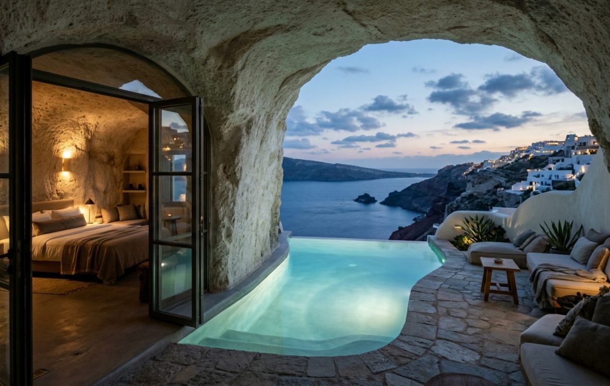 subterranean hotel architecture greece featuring a luxury suite carved into a limestone cliff with a private infinity pool at sunset