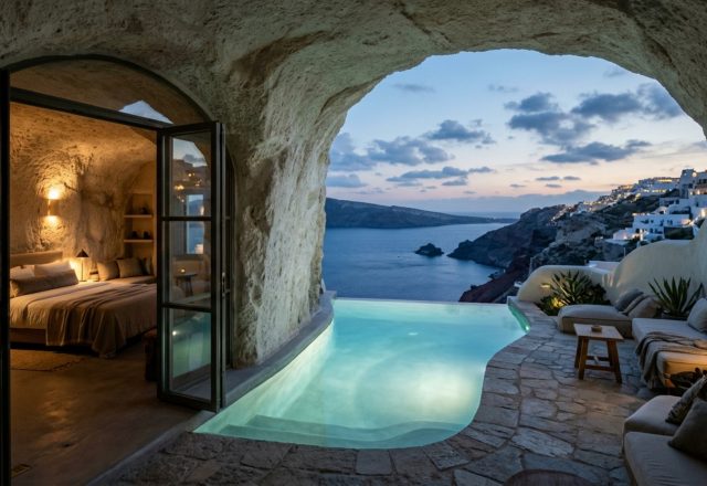 subterranean hotel architecture greece featuring a luxury suite carved into a limestone cliff with a private infinity pool at sunset