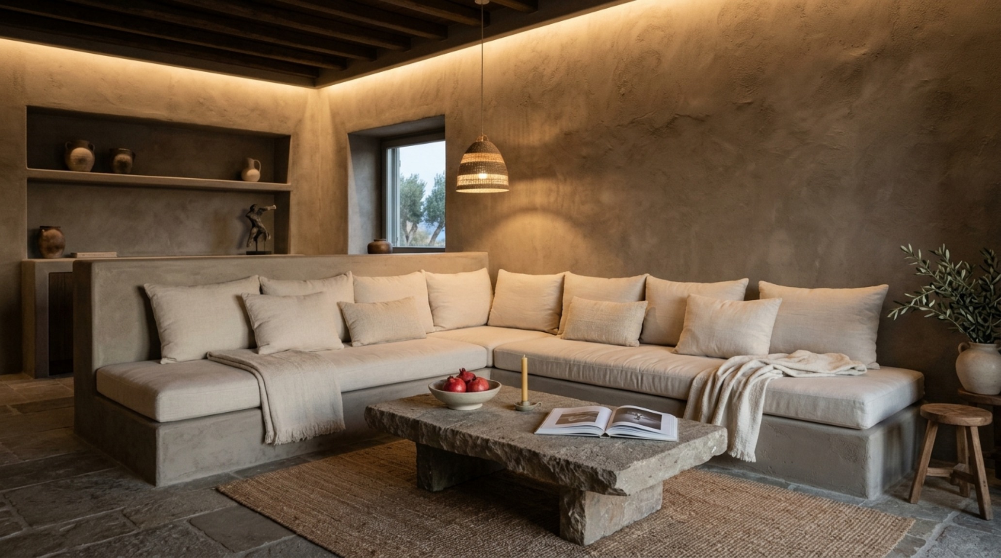 modern greek interior design trends showcasing a monastic living room with Kourasanit plaster walls and built-in linen sofas