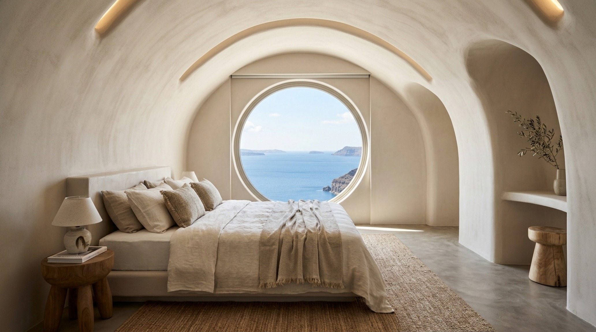 best new luxury hotels greece 2024 master suite with a monolithic stone bed frame and panoramic views of the Aegean Sea