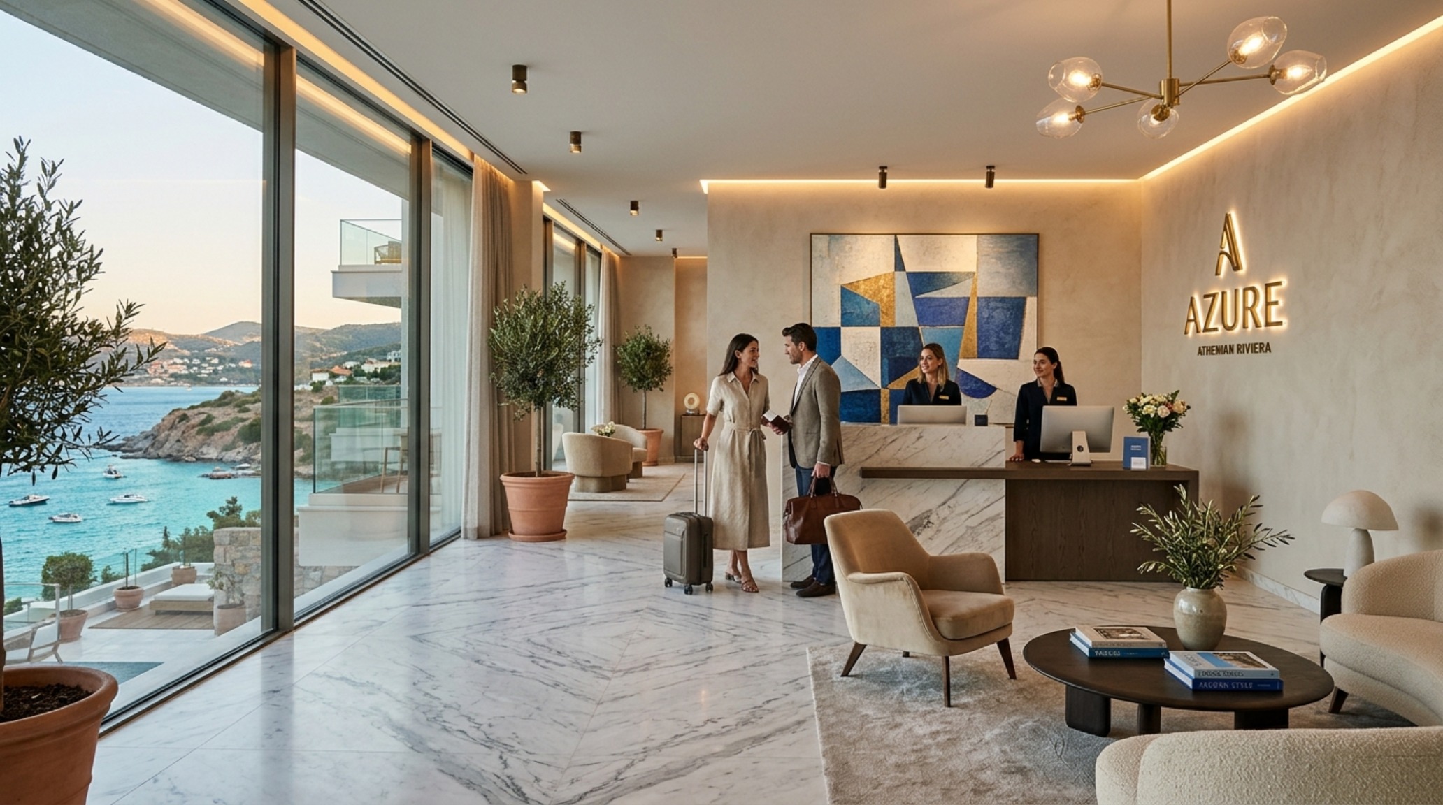 athenian riviera luxury hotels lobby design with honed marble floors and 2700K warm ambient lighting fixtures