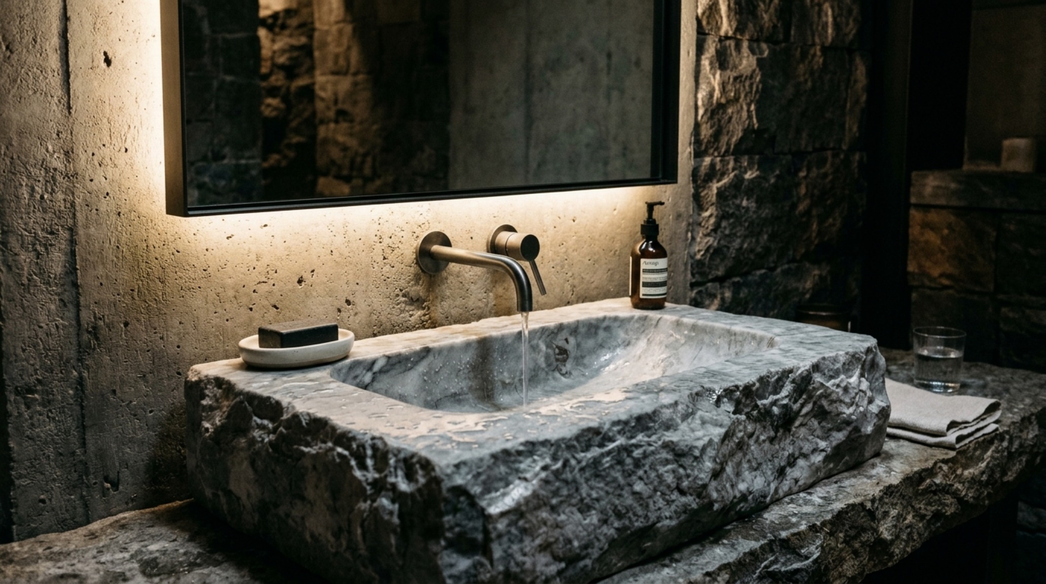 subterranean hotel architecture greece bathroom with a hand-carved marble vanity and brushed gunmetal hardware
