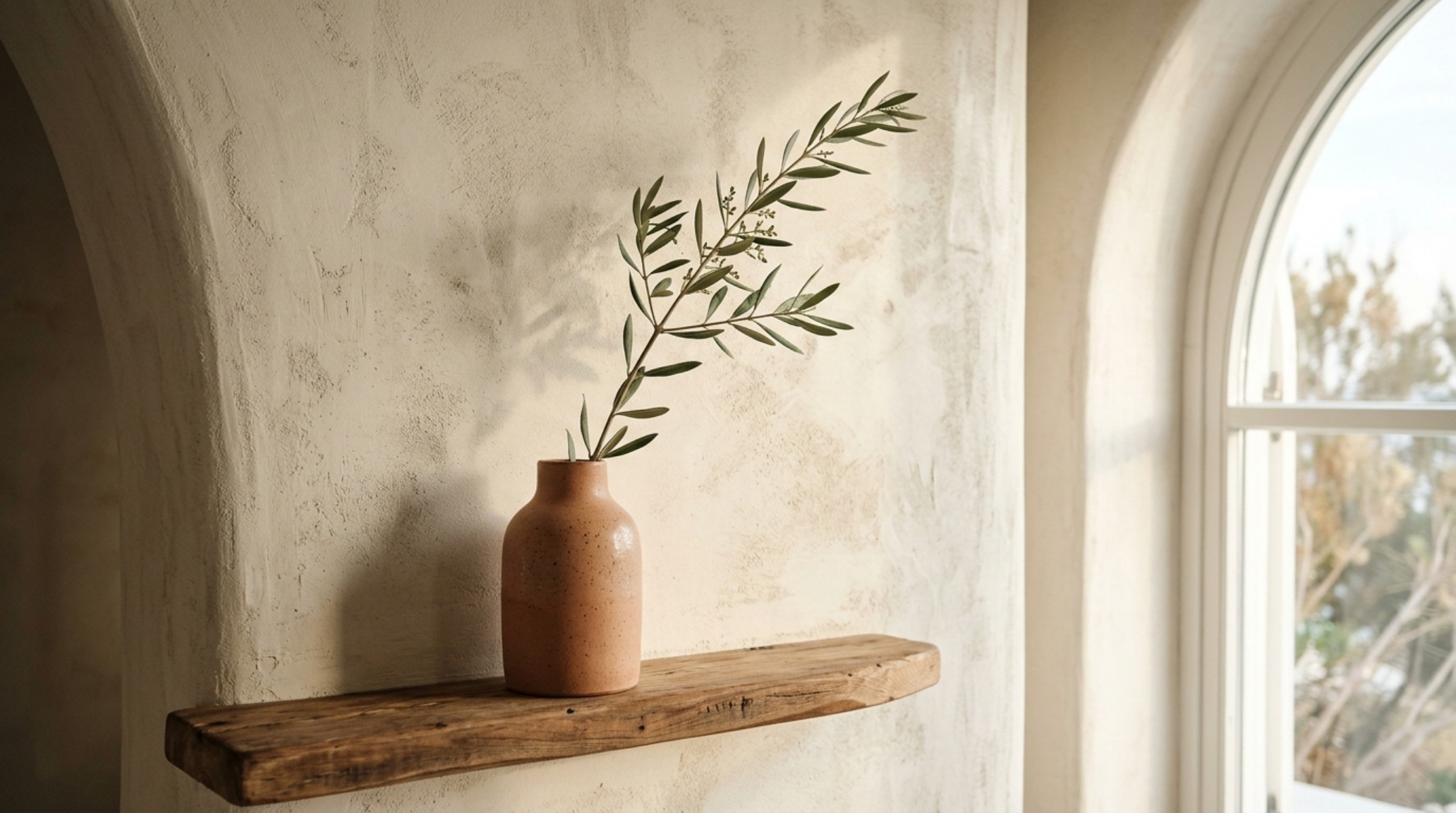 modern greek interior design trends detail of textured lime-wash walls and reclaimed timber ceiling beams in a guest room